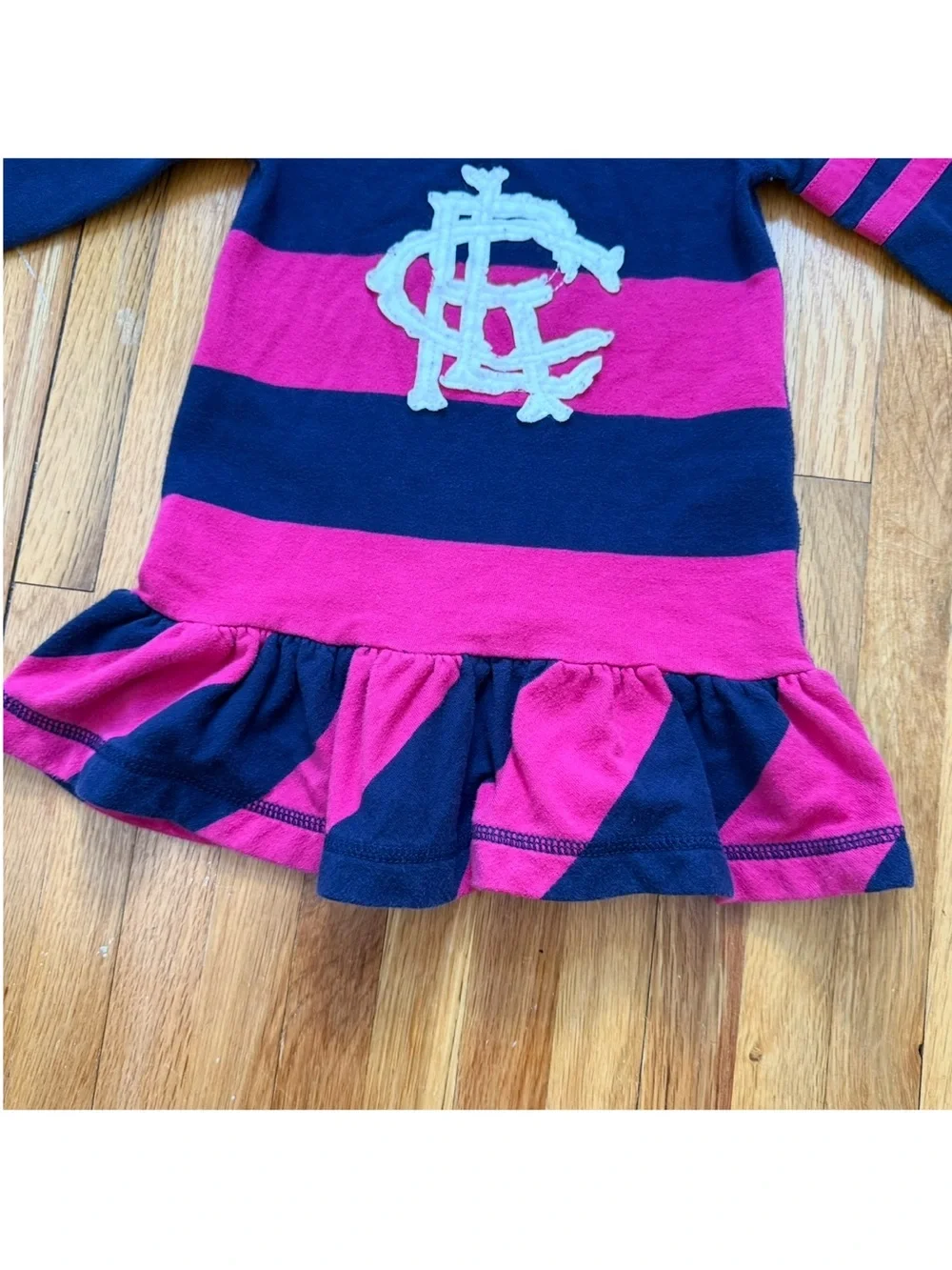 Ralph Lauren Striped Jersey Dress Toddler Size 2T Pink Navy Blue Logo Crest Girl